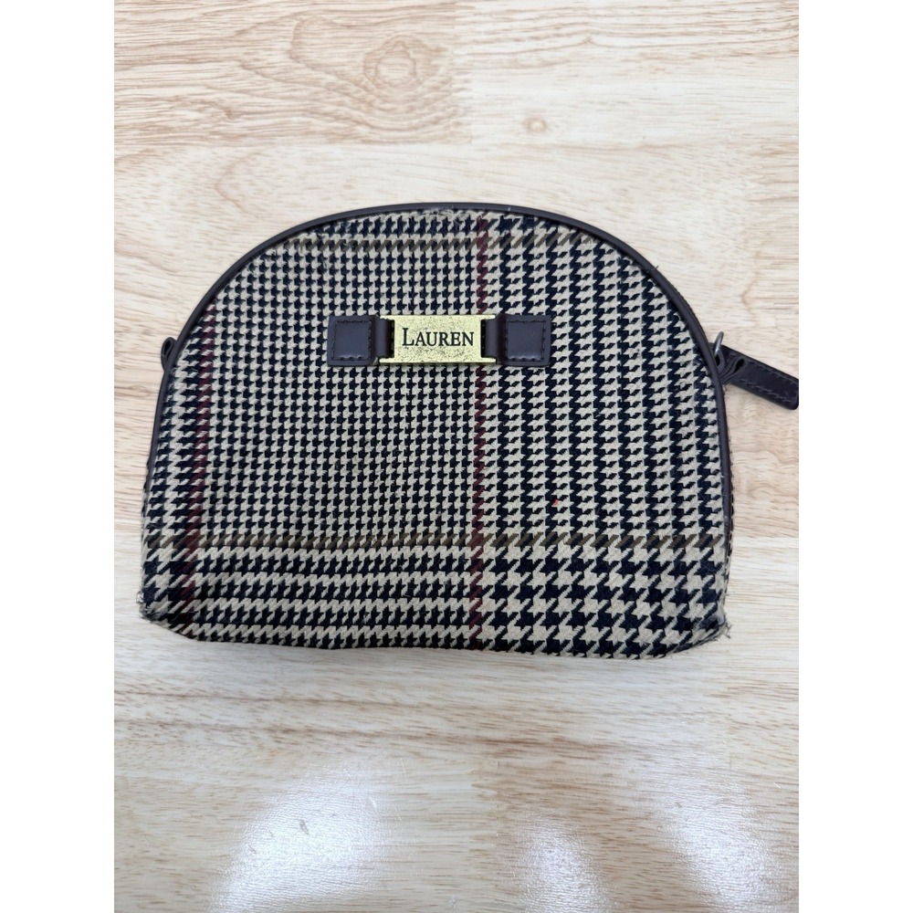 Lauren Ralph Lauren Vintage Houndstooth Cosmetic Bag Makeup Pouch Brown Tan #39